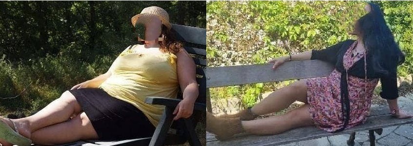 Femme assise sur un banc avant et après perte de poids