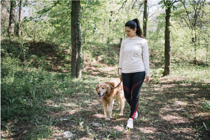 Femme de 40 ans se promenant en forêt avec son chien pour gérer le stress"